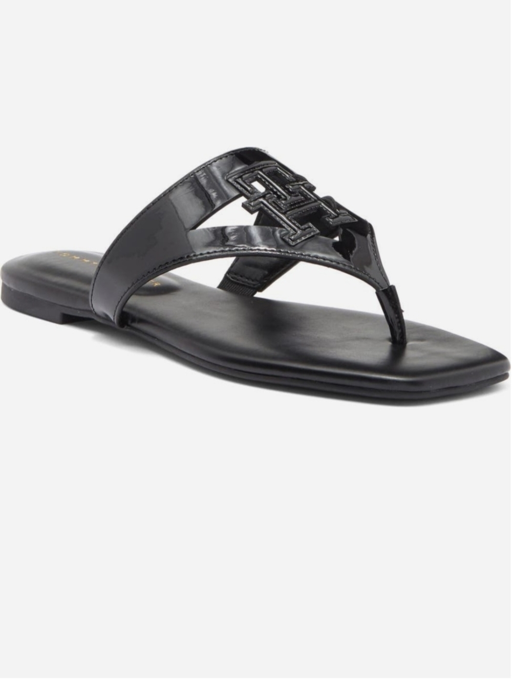 Tommy Hilfiger Black Patent Thong Sandal with Logo Detail